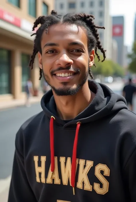  Make an image of a basketball player walking around the city of Atlanta. He must be 20 years old , height 60 ,  goatee,  light brown hair and eyes ,  Hawks braids in his hair and sweatshirt .  He must also be smiling .  White skin color, Decent in Portugu...