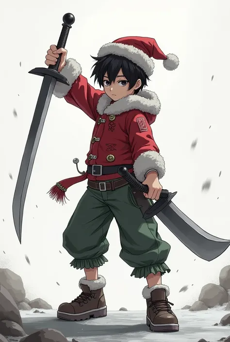  a boy of about   (anime style and boy )  with black hair and Christmas clothes, With her weapons , Let it be Mono 