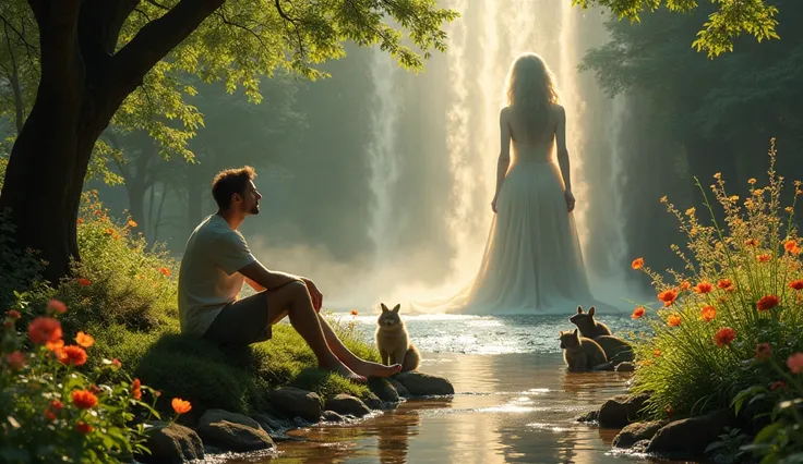  A serene scene in the heart of a garden ,  where a man rests beside a quiet stream . in the background,  the heavenly light shines in a cascade ,  involving the creation of a female figure that emerges from the dust of the earth . Animals observe curious ...