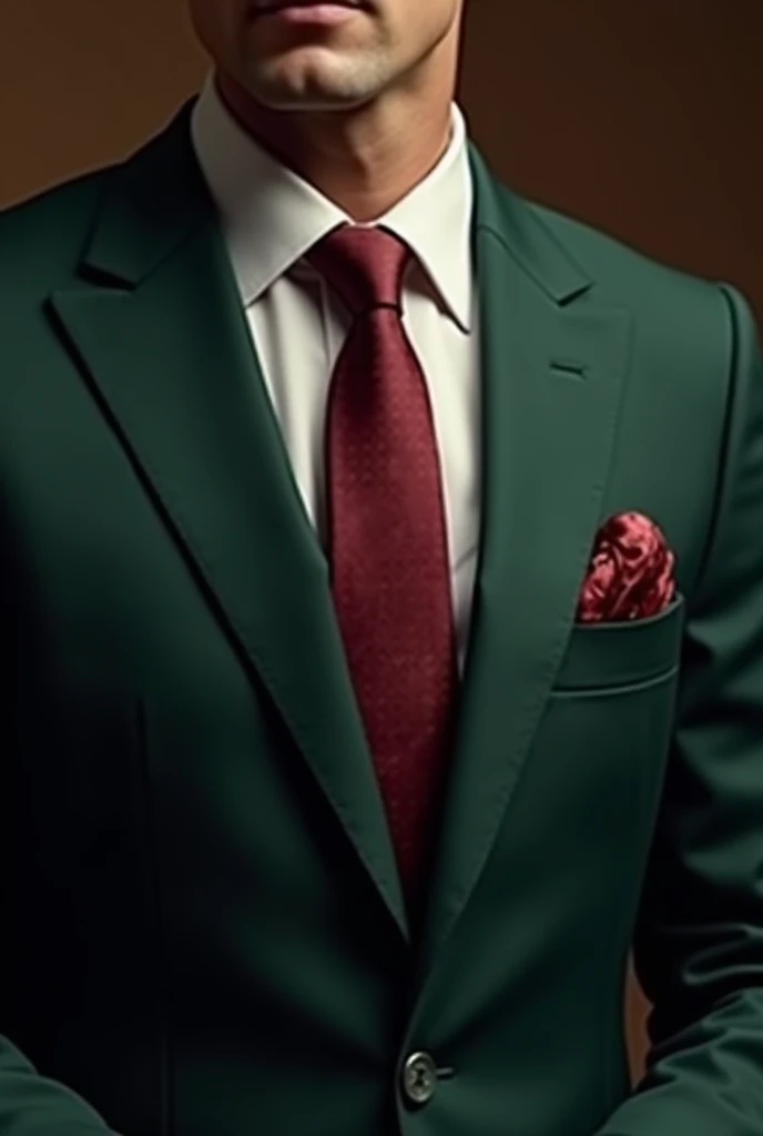 Dark green suit white shirt and red wine tie 