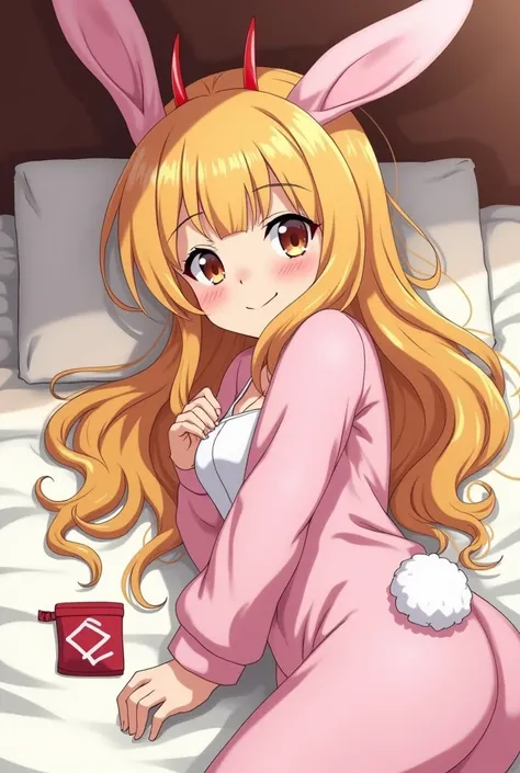 anime,  boku no hero Academia , Beautiful blonde girl with red locks , fine features,  with French bangs long wavy hair, with small bright red horns,in bunny suit, lying on a bed, With a small condom bag 