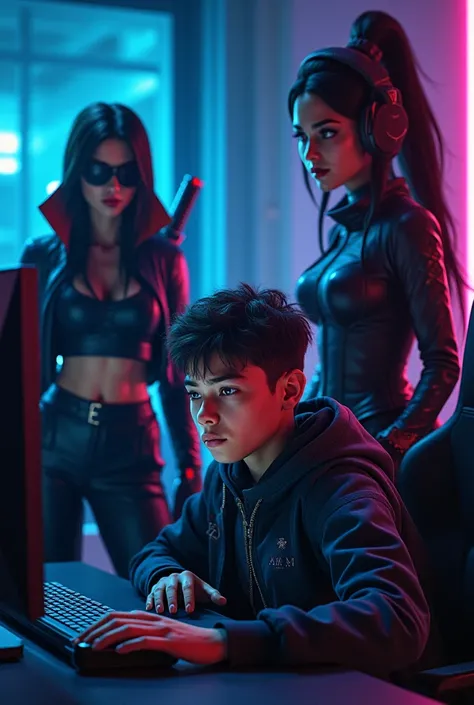 Jett on the right side ,  Akali on the left and in the middle a gamer boy holding a mouse 