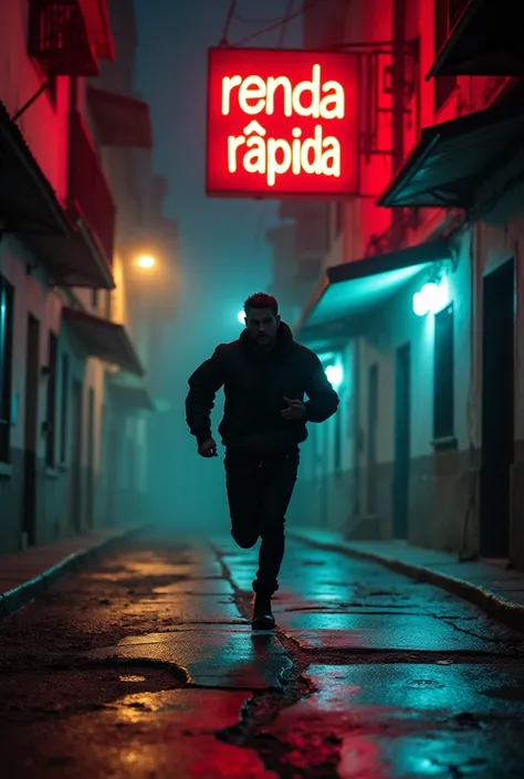 A man running down an urban street at night, with a neon sign in the background displaying "Renda Rápida". The atmosphere is tense, with contrasting lights symbolizing danger and warning.