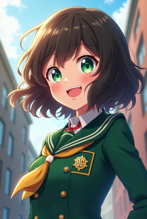  girl from My Hero Academia brunette wavy hair short green eyes uniform of the U.A very cheerful 