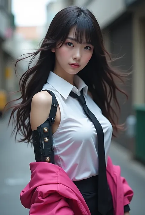  Female Warrior　 Sentai Heroine　Before transformation　 private clothes　 Japanese　live-action　Left arm transformation brace　 white shirt　 black tie　Pink outerwear