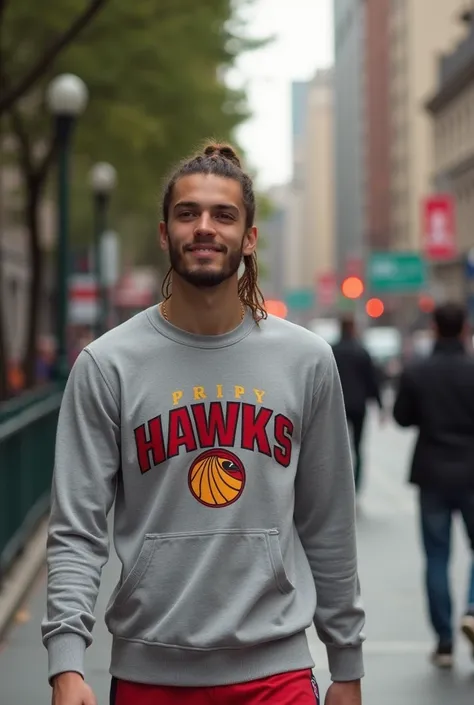  Make an image of a white basketball player walking around the city of Atlanta. He must be 20 years old , height 60 ,  goatee,  light brown hair and eyes ,  braids in Hawks hair and sweatshirt .  He must also be smiling . Skin color white or albino , Decen...