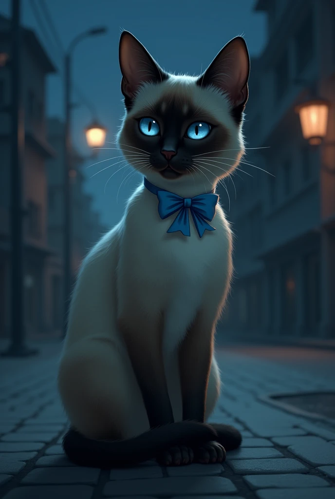 Very sad siamese cat with tears waiting for his owner at night, wearing blue chocker with bow