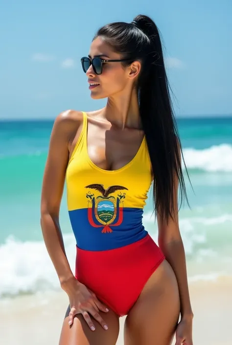 ( Clear image: 1.3) Natural photo ,Real ,  Focus The  attractive Italian woman with long, straight black hair, a fit body, 100D breasts, defined curves, a stunning athletic woman standing confidently on a beach with the ocean in the background. She is wear...