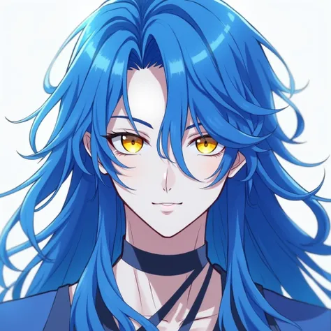 Man, long royal blue hair, yellow eyes, white skin, handsome,anime