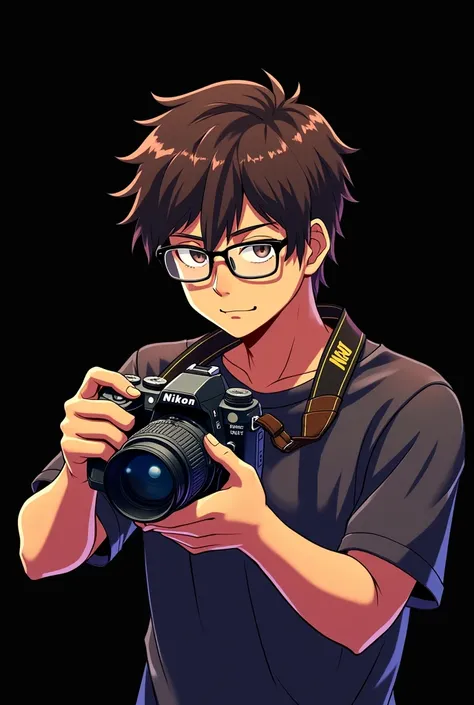  , wearing glasses, he is holding a Nikon camera with a strap around his neck. In anime style on a black background