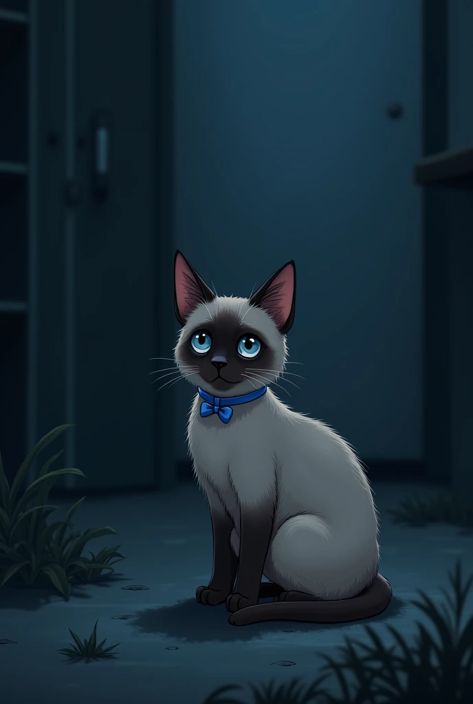  sad siamese cat crying and waiting for his owner at night, wearing blue chocker with bow