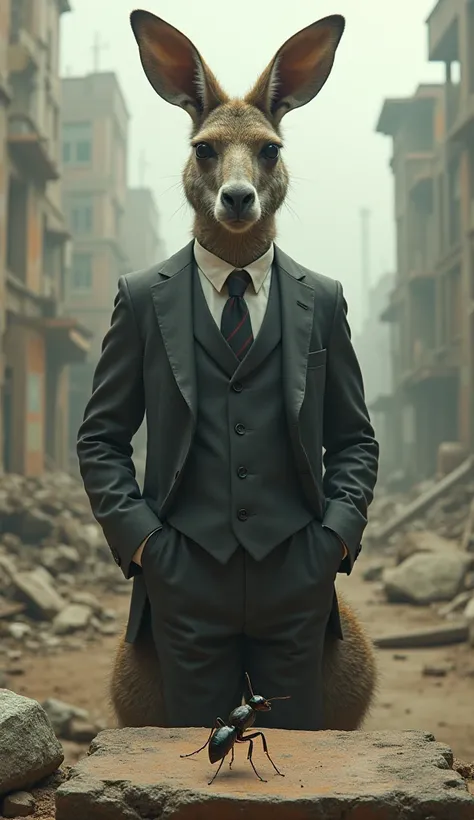  A kangaroo wearing a suit , staring at an ant  ,  he is at an altar in a post-apocalypse setting