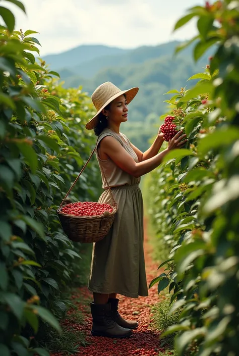 I am a 30 year old Indonesian female coffee picker farmer, make a picture of a 30 year old Indonesian female coffee picker farmer picking coffee during the coffee harvest season.