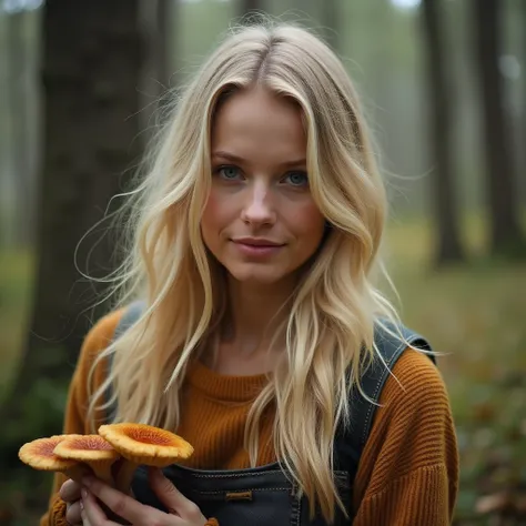 A beautiful Russian woman with fair skin, blonde hair, and blue eyes. The photo should be from a trip to the forest, ordinary clothes that she would wear to the forest. Take photos from different perspectives, one can be from the front, the other from the ...