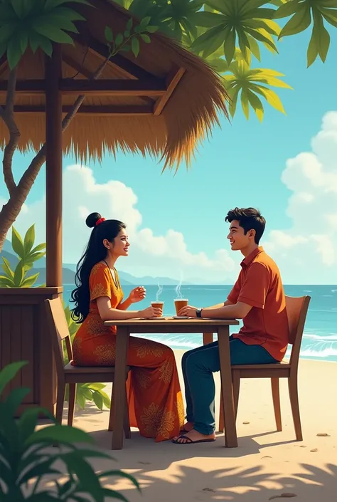 A beautiful Indonesian woman is rather chubby her cleavage looks great and a young Indonesian man is sitting in a stall stall by the beach enjoying a cup of coffee in the morning