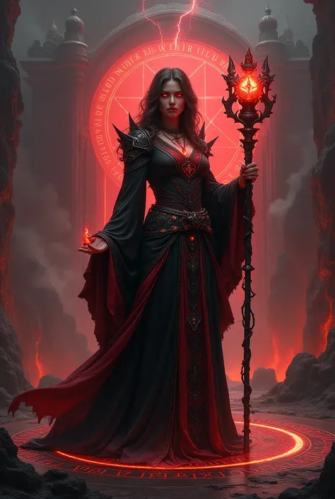 "Create a hyper-realistic digital portrait of a Warlock, a master of forbidden dark magic associated with curses, demonic pacts, and secret, dangerous knowledge. The warlock stands in the center of a sinister, ritualistic setting, illuminated by the eerie ...