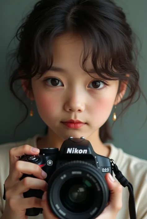 Portrait Young photographer with Nikon camera 