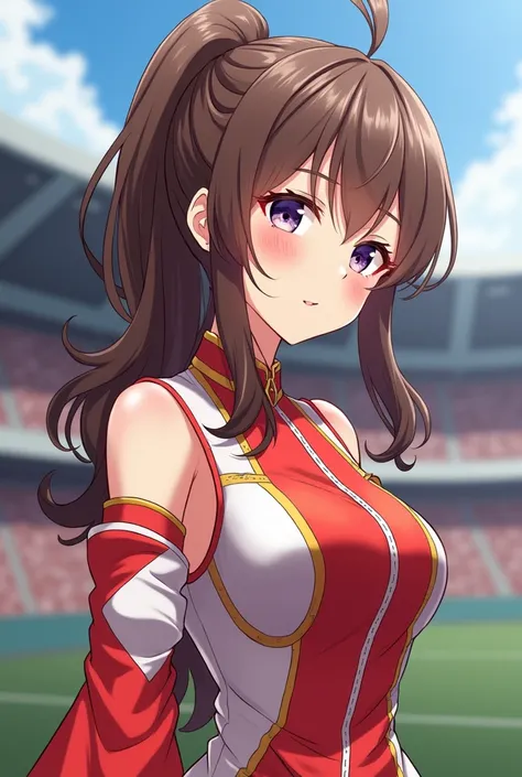  highest quality, very detailed, masterpiece,  anime style ,  raised details ,  high quality, high definition 32k , Idol Stadium .  An 18 year old girl  ( light brown hair with soft waves that fall softly over her shoulders )  she is dressed in a bright an...