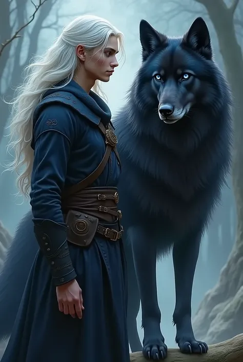  A picture for a book cover that depicts a young man (longer white wavy hair and very fair skin )  and with a black large wolf with blue eyes. 