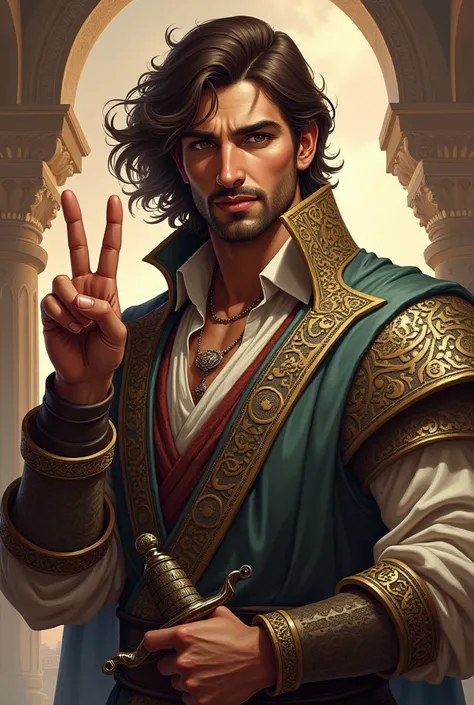 Ronaldos name has the background of a handsome Iranian warrior with brown hair and a sword in his hand with the victory sign. Type the name Armandelta in the picture 