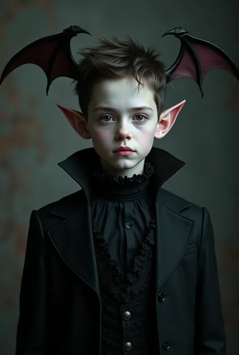 Could you make me an image of a boy with bat ears and who wears Gothic clothing