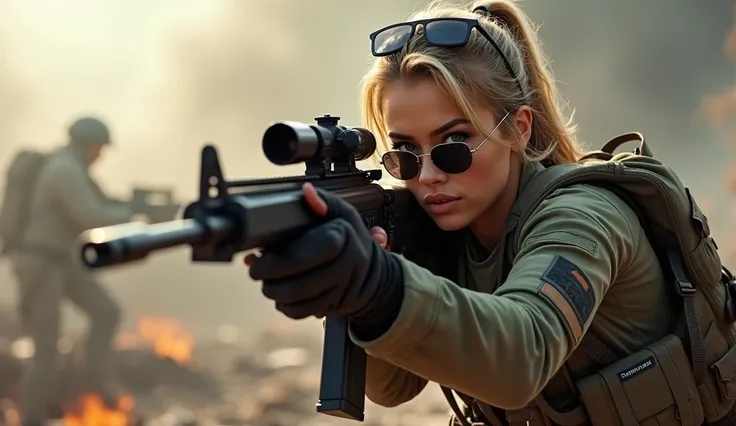 Realistic Malay cute girl holding a automatic rifle and aiming to shoot , fair and glossy skin, muscular body, blonde, Sun glasses, wearing military uniform, with a battlefield background 