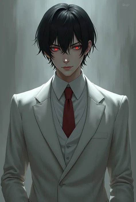  Make a man with short black hair. White dress clothes .  he has bright red eyes . A smug smile. Scenery of a gray background