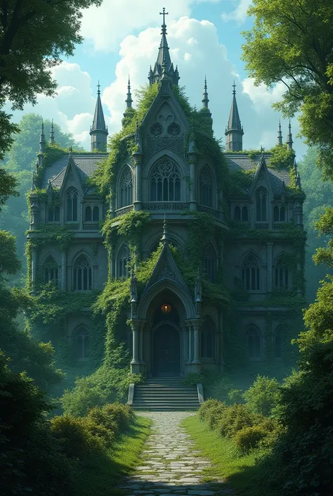  Gothic-looking school structure, covered by foliage  