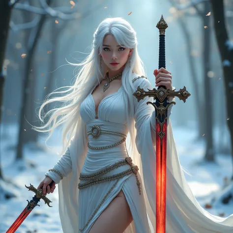 Most beautiful woman, hot and sexy body, background frost,  right holding a holy sword , lift holding dark sword, giving really cool pose, fantasy clothes, luxurious fantasy clothes, Armor clothes, royalty clothes, white hair, absently long hair, hair flyi...