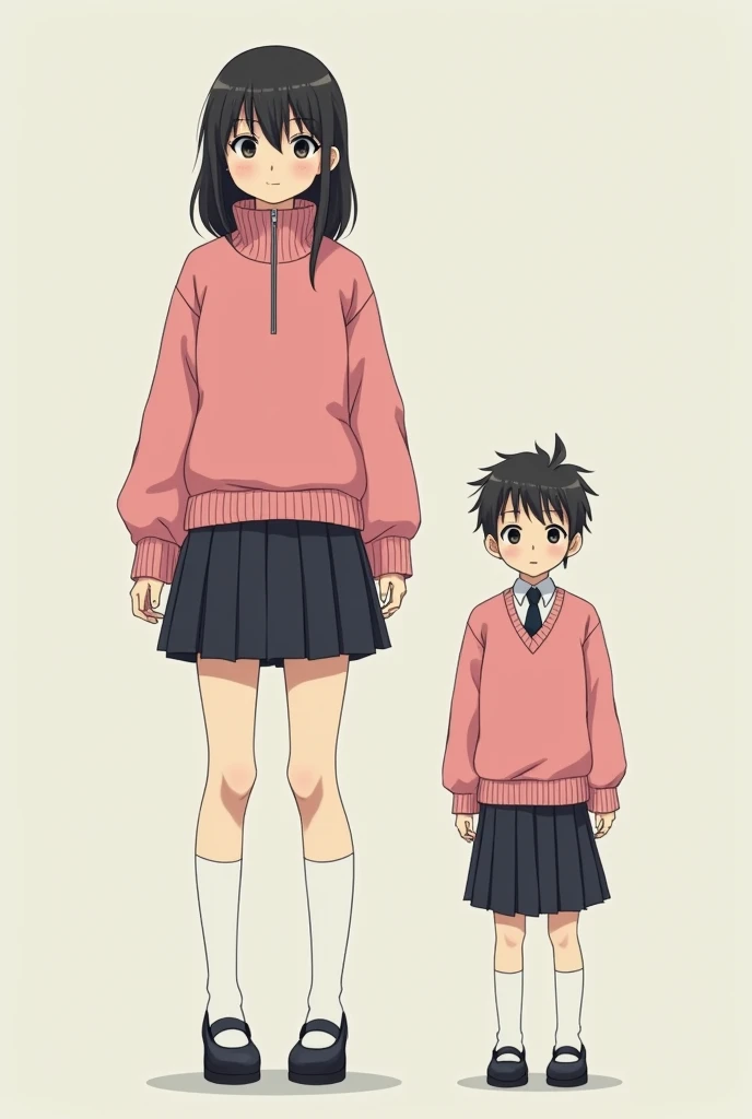 A giant Japanese high school girl. She wears a pink turtleneck sweater with a zipper. Underneath she wears a long-sleeved white shirt, a short black pleated skirt, and long white socks with black Mary Jane shoes.
She is standing eight next to a shorter Jap...