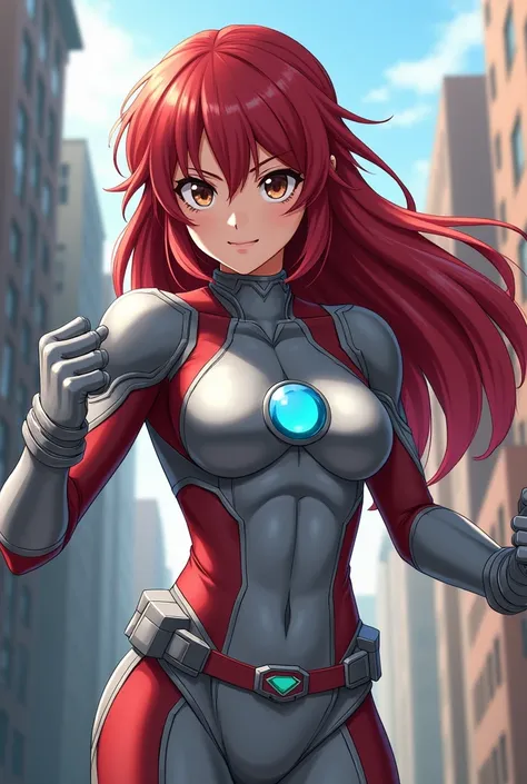 My Hero Academia Style , Anime girl, female, young female ,Full Body Shot,(fighting Pose:1.3),Long hair, Red Hair,  Brown Eyes,Hero Suit, Full Body Suit, Silver suit with Red and Blue details,small round blue jewel in the center of the chest,perfect anatom...