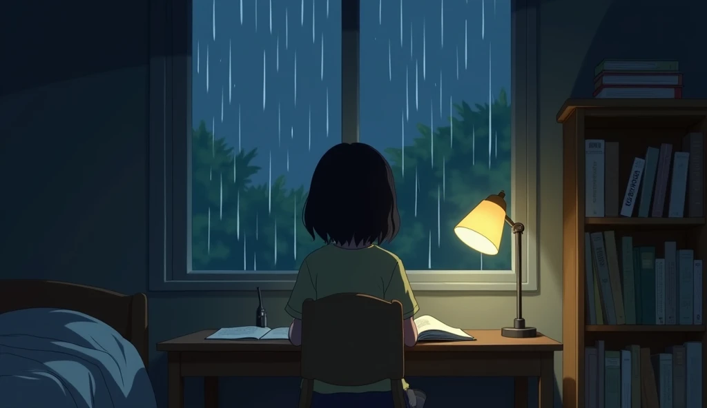 A girl studying, seen from behind, with rain falling outside the window. The room is dimly lit, with a lamp glowing on her desk. A neatly made bed and a two-tier bookshelf complete the scene, by studio ghibli