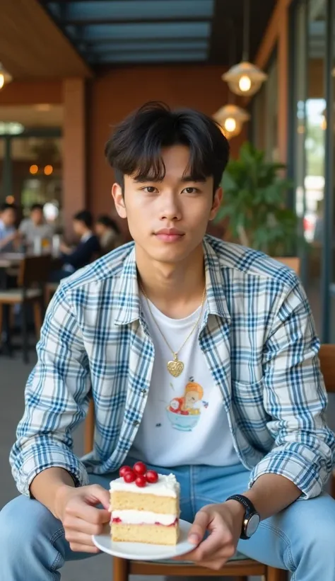 Young men age about 19 - 23 years old physical features look thin medium height,  with short dark hair ,  The middle position in the frame ,  is sitting in a cafe .  He is wearing a light blue and white long-sleeved plaid shirt ,  as well as light blue jea...