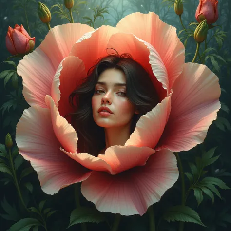 A beautiful young alluring Caucasian woman inside giant flower, caricia, mano en el pecho, uncommon face, labios grandes, pómulos marcados, hoyuelo, manantial, magical forest, klimt, pleasure, long stem iris, long stem peony, and long stem aster, detailed ...