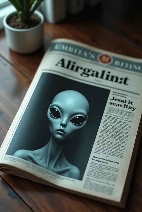 A magazine on a table ,  that reports a sighting of an alien