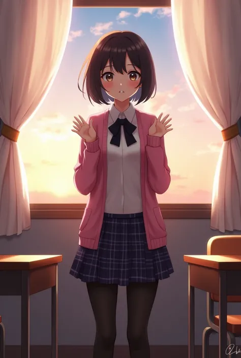 1girl, solo, plaid, skirt, pantyhose, jacket, window, open mouth, indoors, curtains, school uniform, pleated skirt, sunset, cardigan, desk, blazer, looking at viewer, open clothes, school desk, bow, blush, open jacket, black jacket, long sleeves, cloud, st...