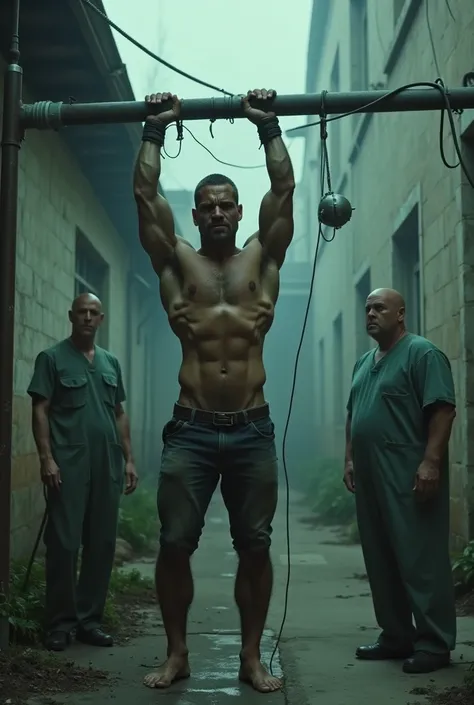 In full body, in found footage camera style we see a handsome very muscle bodybuilder soldier huge muscles, angry, with his wrists tied to an elevated pipe and his body hanging where medical techniques are applied with electrodes,,Behind him we see two old...