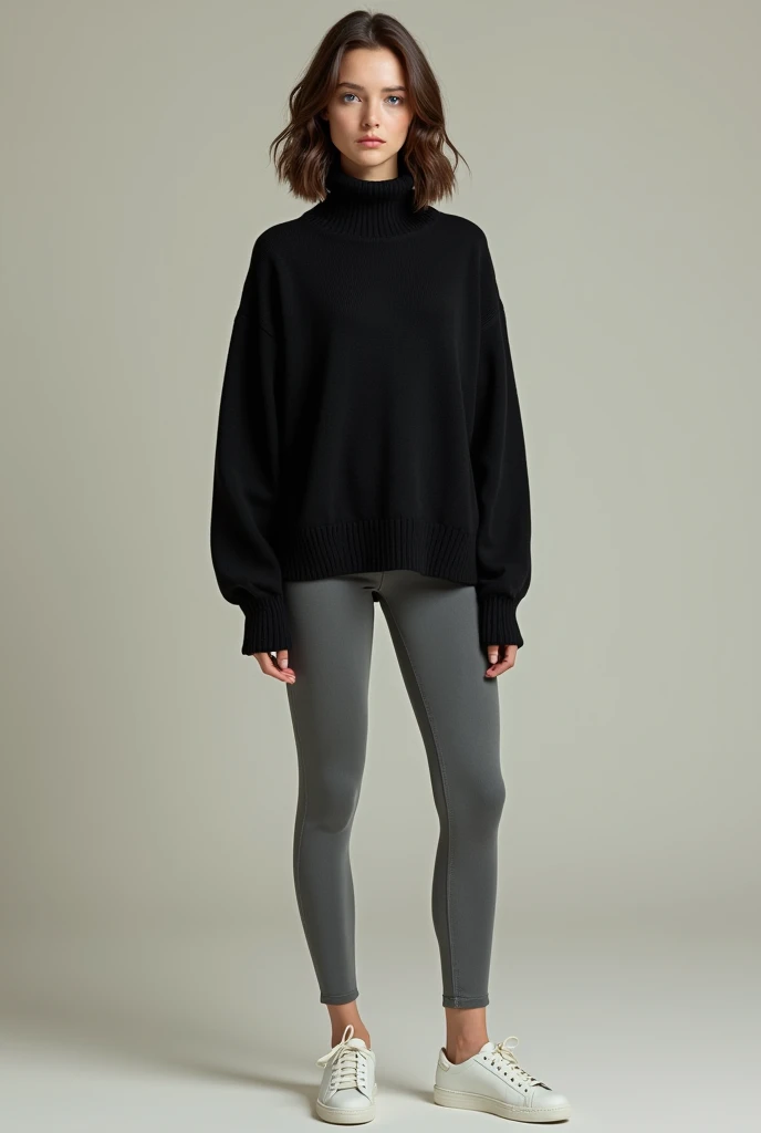 photorealistic style, a slim 22-year-old American girl, with short brown hair and blue eyes, wears a black wool sweater, gray leggings and white sneakers.