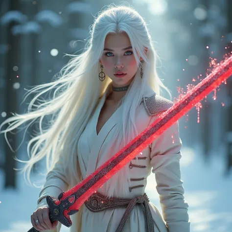 Most beautiful woman, hot and sexy body, background frost,  right holding a holy sword , lift holding dark sword, giving really cool pose, fantasy clothes, luxurious fantasy clothes, Armor clothes, royalty clothes, white hair, absently long hair, hair flyi...