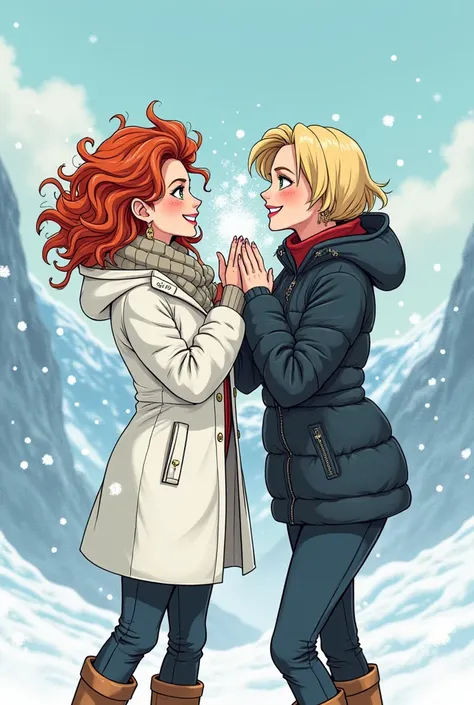  Two passionate women playing in the snow ,  with a setting of ice-covered mountains in the background .  The first woman has medium-length curly red hair ,  bright green eyes,  delicate freckles on the face and wears an elegant white coat , with winter bo...