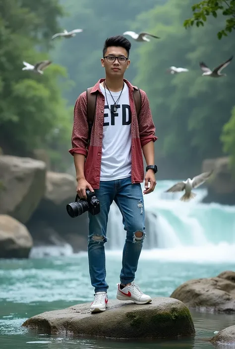 A handsome 27 year old Asian man, neat short spiked hair, wearing glasses, wearing a white t-shirt that says "EFD" over an open red patterned panel shirt, wearing a long black necklace, wearing a watch, wearing patterned blue jeans, wearing colored shoes. ...