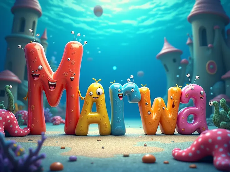 Create a poster with letter-by-letter writing "MARWA " en FRANÇAIS. dans un style Disney 4D. LÉCRITURE DOIT ÊTRE BIEN VISIBLE. 

Thème BOB LÉPONGE 