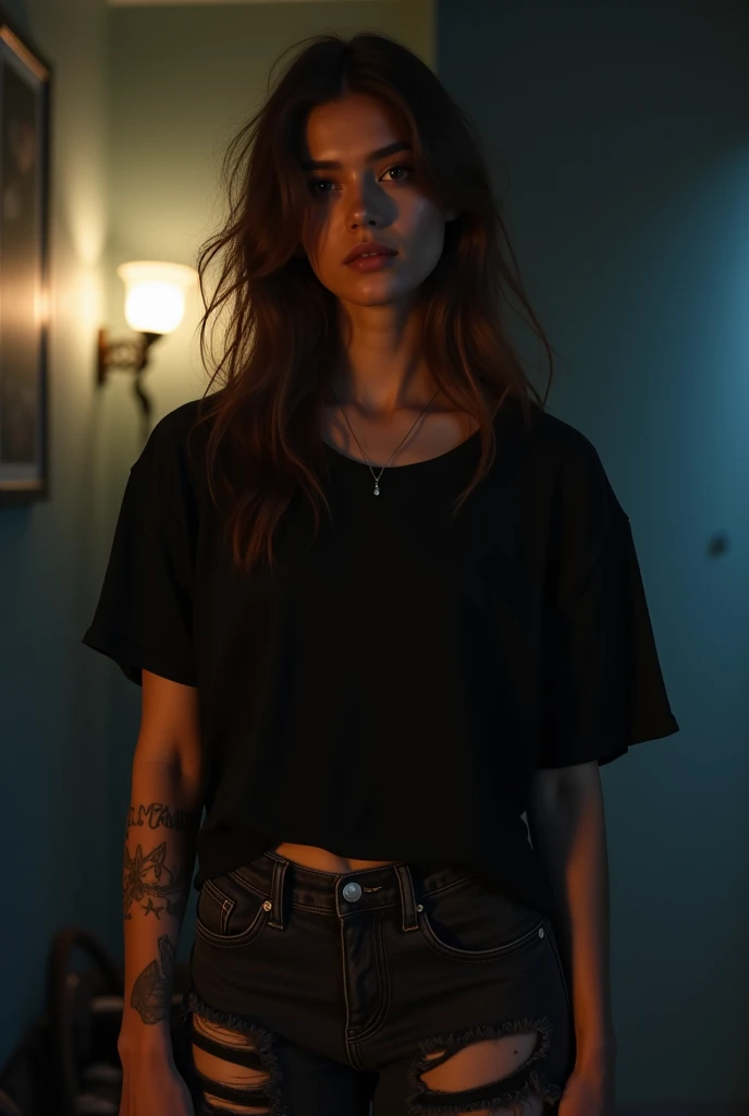  High definition image of a 20-year-old woman with a tattoo on her arm with large breasts , Daytime image,  she wears a loose, simple black t-shirt and ripped black denim shorts light and shade on her clothes, She is in front of the cinema horror movie sho...