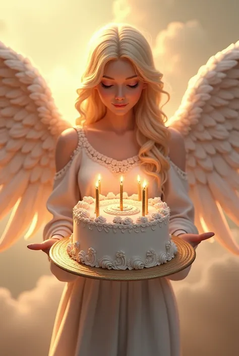 An angel holding a birthday cake that says happy birth day to Roxi in big font size