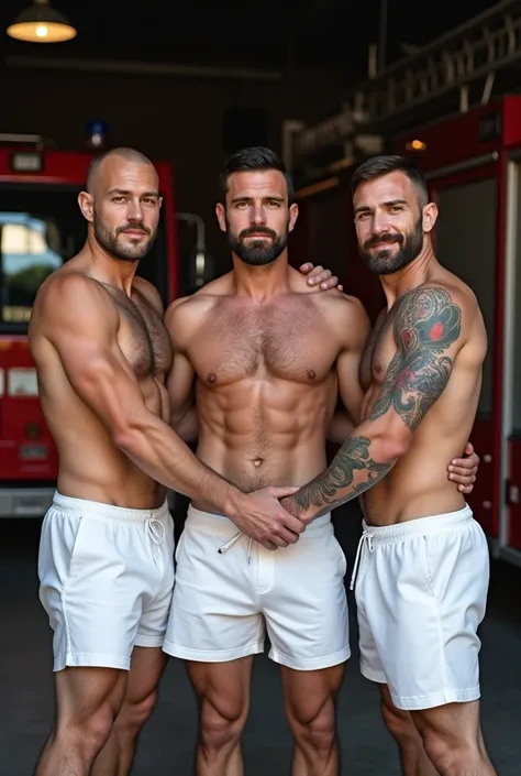 Une photo de trois hommes velus chauves, 50 ans, short beard, tattooed, forts et corps musclés, Shirtless in white boxer shorts from a French firefighter uniform, bottes rangers,  holding each other by the waist, full body large face view, The firehouse in...