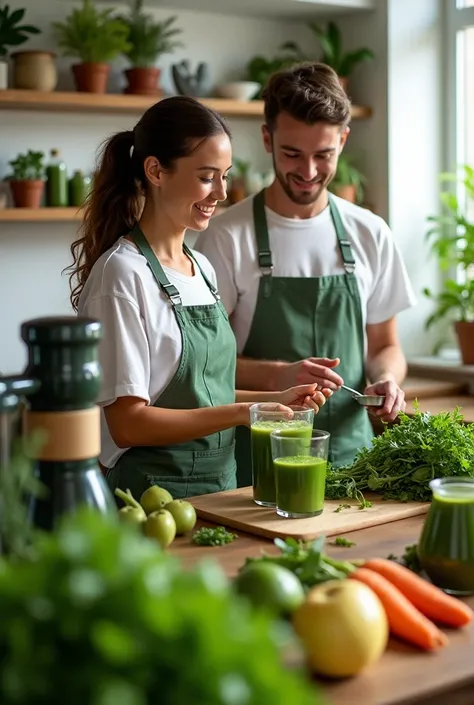 Create an image of a couple preparing green juices to sell 