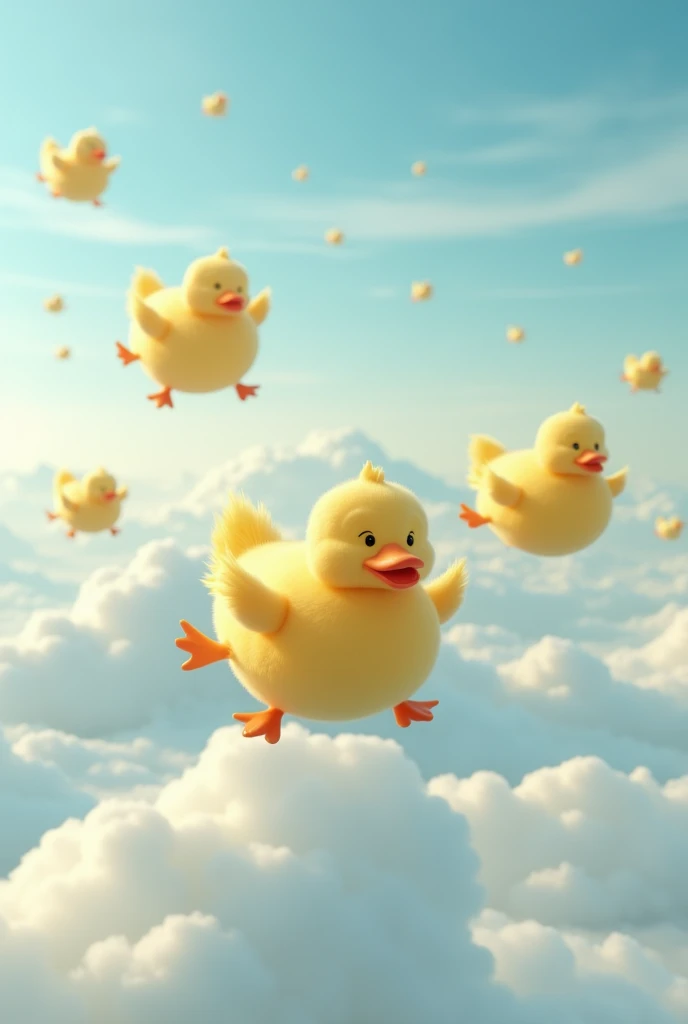 Rounded and inflated realistic ducks Flying in the sky