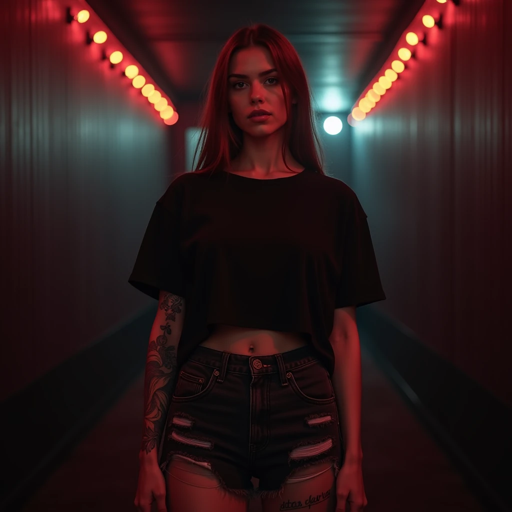 High-definition image of a 20-year-old woman .  she is in front of the cinema horror movie shoot with a tattoo on her arm with large breasts , Daytime image,  she wears a wide and simple black t-shirt and ripped black denim shorts light and shade on her cl...