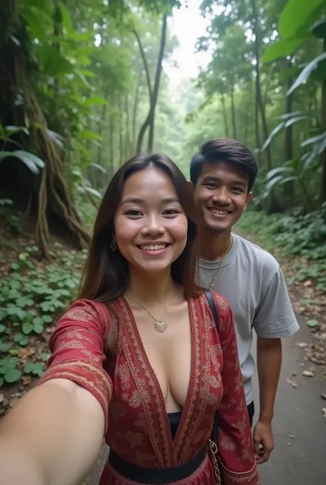 A beautiful young Indonesian woman shows off her huge cleavage wearing a traditional kebaya clearly shows off her huge cleavage..Having a selfie with a young Indonesian man in the middle of a path in the nature of the archipelago which is beautiful in the ...