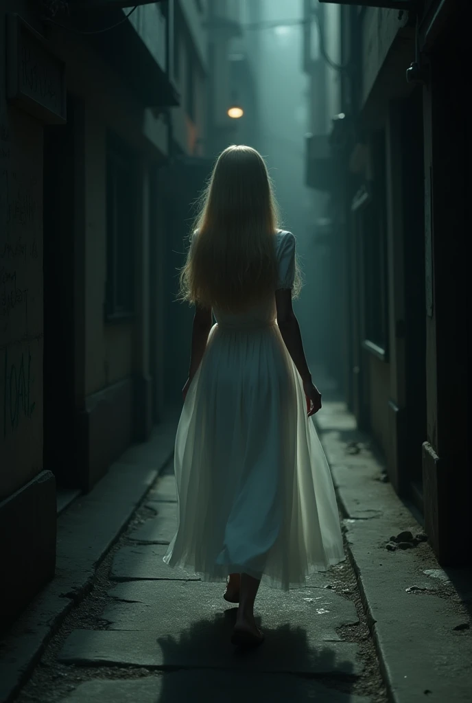 an 18-year-old girl, from behind, blonde, straight hair, wearing a long white dress, you cant look at her feet, entering an unlit alley